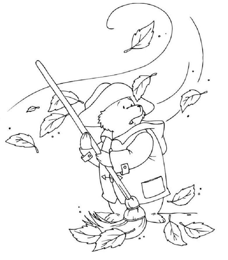 coloriage l ours paddington balai les feuilles